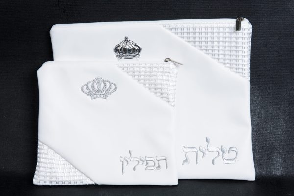 סט כסויים לטלית ותפילין מהודר דמוי עור עם כתר כסף